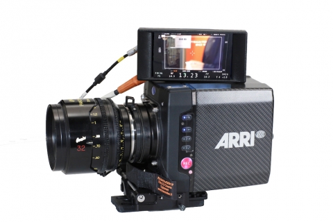 Transvideo's StarliteHD-e recorder-monitor displaying its latest focus puller menu, connected to an ARRI camera and ARRI smart optics